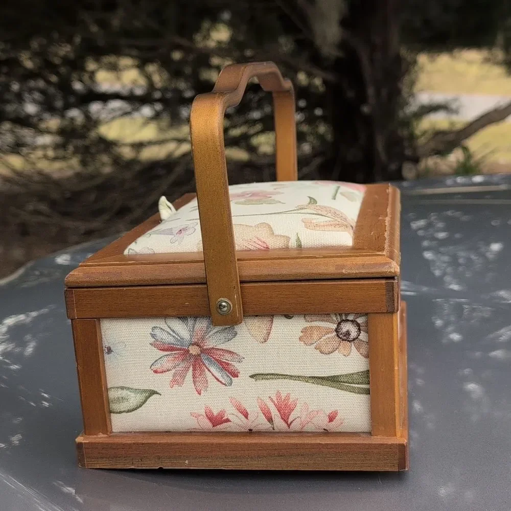 Vintage Wood Sewing Box with Handle Floral Cottagecore Fabric Grandmacore
